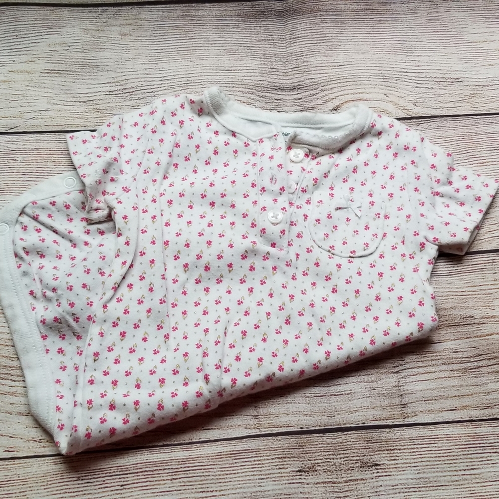 Carters white henley onesie with pink floral desig